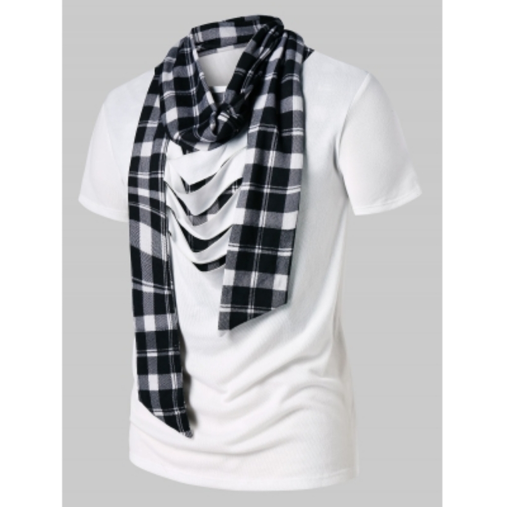 Plaid print ripped scarf collar t-shirt